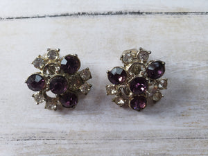Vintage 1960s 1970s Purple Clear Rhinestone Cluster Clip Back Earrings: vintage costume jewelry, vintage rhinestone earrings