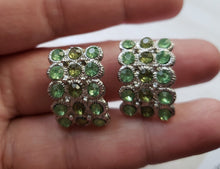 Load image into Gallery viewer, Vintage 1960s 1970s Mint and Peridot Green Rhinestone Clip Back Earrings: vintage costume jewelry, vintage rhinestone earrings