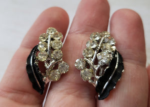 Vintage 1950s 1960s Clear Rhinestone and Black Choker, Bracelet, and Screw Back Earrings: vintage costume jewelry, parure, jewellery set
