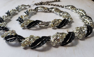 Vintage 1950s 1960s Clear Rhinestone and Black Choker, Bracelet, and Screw Back Earrings: vintage costume jewelry, parure, jewellery set