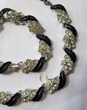Load image into Gallery viewer, Vintage 1950s 1960s Clear Rhinestone and Black Choker, Bracelet, and Screw Back Earrings: vintage costume jewelry, parure, jewellery set