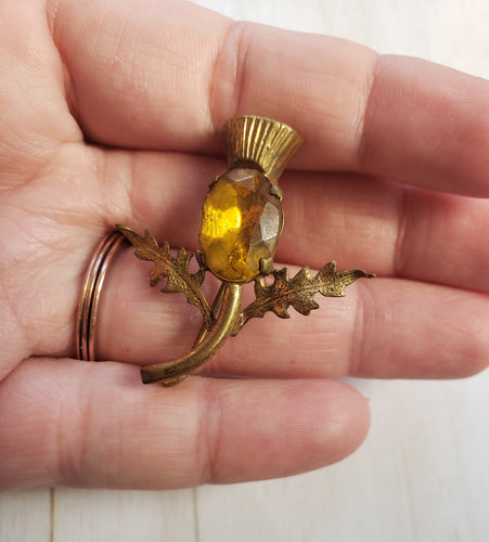 Estate Costume Rhinestone and Gold Tone Thistle Scotland Brooch - vintage costume jewelry, thistle, Scotland, mid century