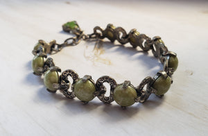 Estate Costume Scottish Miracle Glass and Silver Tone Bracelet - vintage costume jewelry, 1960s, scottish bracelet, mid century, avocado