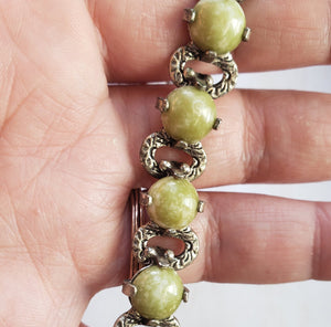Estate Costume Scottish Miracle Glass and Silver Tone Bracelet - vintage costume jewelry, 1960s, scottish bracelet, mid century, avocado