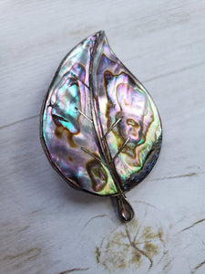 Estate Sterling Silver 925 Mexican Silver Abalone Shell Leaf Brooch - vintage silver brooch, estate mexican silver, pinks, aqua, seafoam