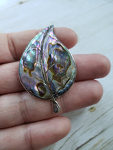 Load image into Gallery viewer, Estate Sterling Silver 925 Mexican Silver Abalone Shell Leaf Brooch - vintage silver brooch, estate mexican silver, pinks, aqua, seafoam