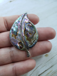 Estate Sterling Silver 925 Mexican Silver Abalone Shell Leaf Brooch - vintage silver brooch, estate mexican silver, pinks, aqua, seafoam
