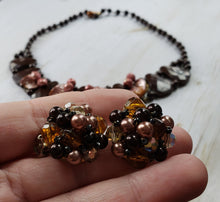 Load image into Gallery viewer, Vintage Mid Century Demi Parure Jewelry Set, Estate Necklace and Earrings, 1940s, 1950s, Fall, Chocolate Brown, Autumnal Colours