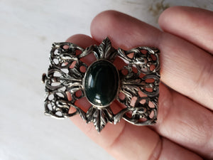European Silver and Bloodstone Edwardian Brooch - Dark Green Black Filigree Antique Silver Elegant Fine Estate Jewelry Openwork