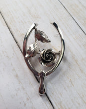 Load image into Gallery viewer, Estate sterling silver 925 brooch, wishbone and rose, wedding brooch, lucky in love, romantic, valentines, estate silver jewelry