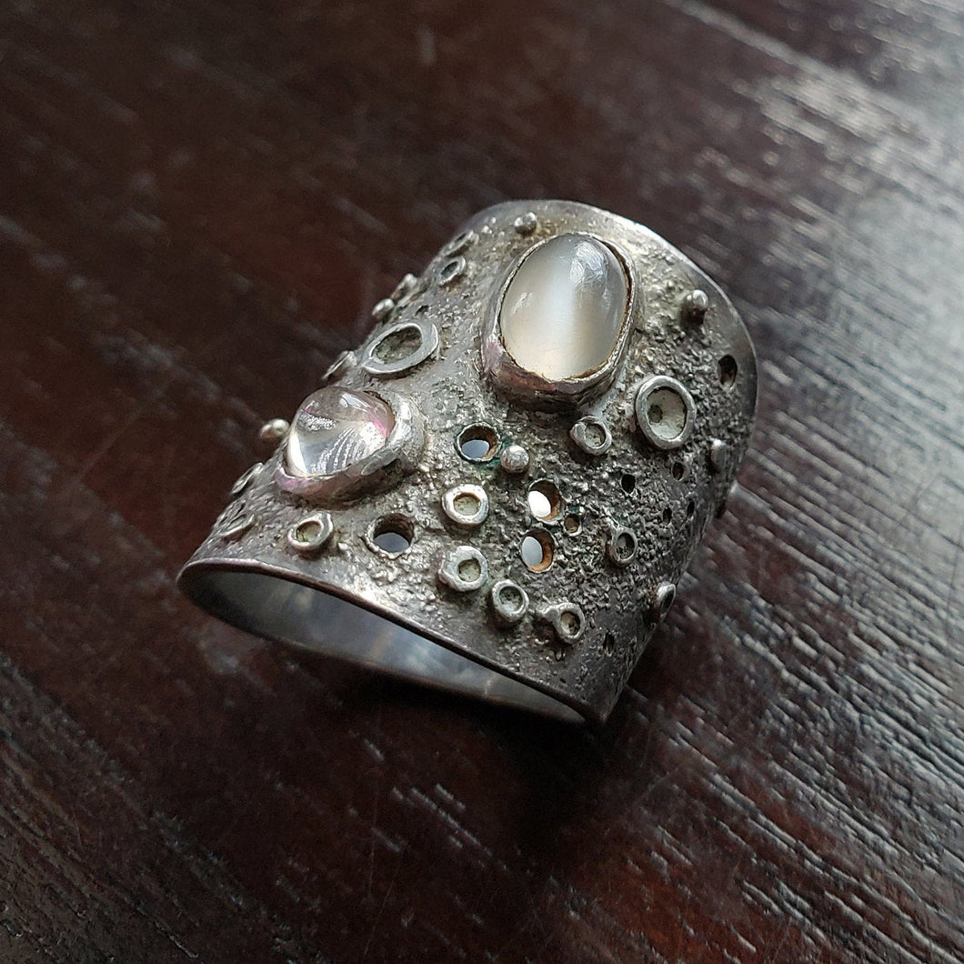 Fantastic Handmade Lunar Moon and Moonstone Wide Silver Ring - estate silver jewelry, vintage jewellery, celestial, space, galaxy, full moon