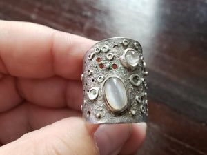 Fantastic Handmade Lunar Moon and Moonstone Wide Silver Ring - estate silver jewelry, vintage jewellery, celestial, space, galaxy, full moon