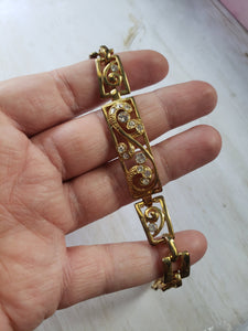 Estate Gold Tone and Clear Rhinestone Modern Bracelet 1950s, 1960s, Mid Century, vintage evening wear