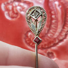 Load image into Gallery viewer, Edwardian Late Victorian 18K 18C White Gold Diamond and Ruby Stick Pin - antique jewellery, estate jewelry, vintage gold jewelry