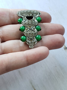 Vintage Edwardian Art Deco Dress Clip, Antique Clip Brooch, Jade Beads, Silvertone, Paste Stones, Vintage Jewelry,