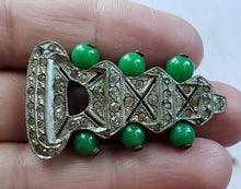 Load image into Gallery viewer, Vintage Edwardian Art Deco Dress Clip, Antique Clip Brooch, Jade Beads, Silvertone, Paste Stones, Vintage Jewelry,