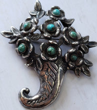 Load image into Gallery viewer, Estate Mexican Silver and Turquoise Brooch, 1930s, 1940s, Estate Silver, Antique Mexican Silver, Flowers, Horn of Plenty, Large Silver Pin