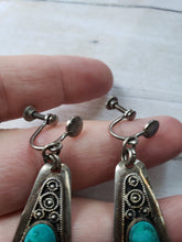 Load image into Gallery viewer, Vintage 1960s 1970s Boho Estate Sterling Silver 925 drop earrings - handmade silver, faux turquoise, screw back, estate 925 jewelry