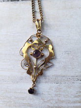 Load image into Gallery viewer, Estate 9 Karat Carat Yellow Gold Amethyst Art Nouveau Lavalier Pendant and Chain, estate gold jewelery, 1920s, 1910s, Edwardian