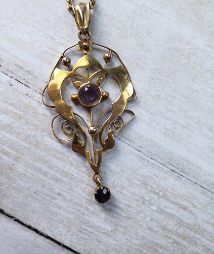 Estate 9 Karat Carat Yellow Gold Amethyst Art Nouveau Lavalier Pendant and Chain, estate gold jewelery, 1920s, 1910s, Edwardian