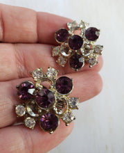 Load image into Gallery viewer, Vintage 1960s 1970s Purple Clear Rhinestone Cluster Clip Back Earrings: vintage costume jewelry, vintage rhinestone earrings