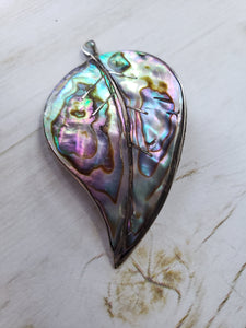 Estate Sterling Silver 925 Mexican Silver Abalone Shell Leaf Brooch - vintage silver brooch, estate mexican silver, pinks, aqua, seafoam