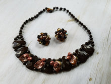 Load image into Gallery viewer, Vintage Mid Century Demi Parure Jewelry Set, Estate Necklace and Earrings, 1940s, 1950s, Fall, Chocolate Brown, Autumnal Colours