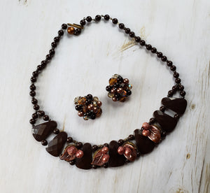 Vintage Mid Century Demi Parure Jewelry Set, Estate Necklace and Earrings, 1940s, 1950s, Fall, Chocolate Brown, Autumnal Colours