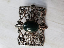 Load image into Gallery viewer, European Silver and Bloodstone Edwardian Brooch - Dark Green Black Filigree Antique Silver Elegant Fine Estate Jewelry Openwork