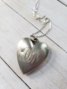 Victorian Edwardian Sterling Silver Puffed Puffy Heart Pendant on Chain - Engraved, Love Token, estate jewelry, antique silver necklace
