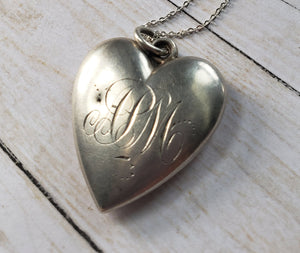 Victorian Edwardian Sterling Silver Puffed Puffy Heart Pendant on Chain - Engraved, Love Token, estate jewelry, antique silver necklace