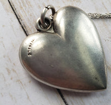 Load image into Gallery viewer, Victorian Edwardian Sterling Silver Puffed Puffy Heart Pendant on Chain - Engraved, Love Token, estate jewelry, antique silver necklace
