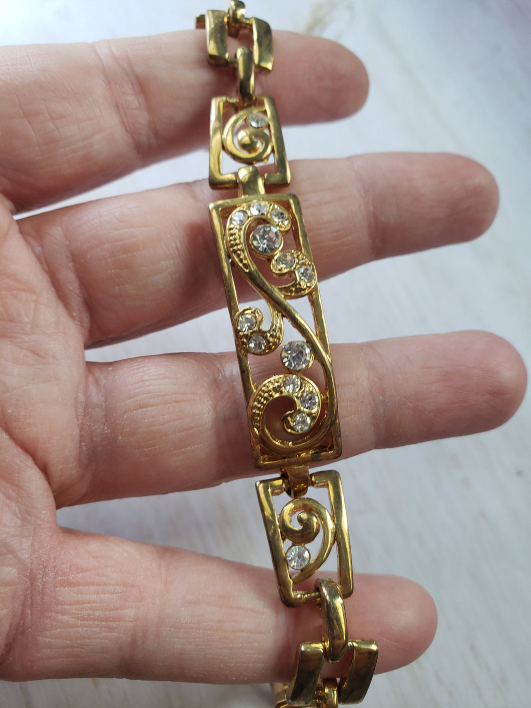 Estate Gold Tone and Clear Rhinestone Modern Bracelet 1950s, 1960s, Mid Century, vintage evening wear