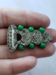 Vintage Edwardian Art Deco Dress Clip, Antique Clip Brooch, Jade Beads, Silvertone, Paste Stones, Vintage Jewelry,
