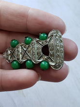 Load image into Gallery viewer, Vintage Edwardian Art Deco Dress Clip, Antique Clip Brooch, Jade Beads, Silvertone, Paste Stones, Vintage Jewelry,