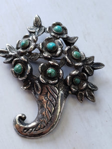 Estate Mexican Silver and Turquoise Brooch, 1930s, 1940s, Estate Silver, Antique Mexican Silver, Flowers, Horn of Plenty, Large Silver Pin