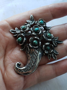 Estate Mexican Silver and Turquoise Brooch, 1930s, 1940s, Estate Silver, Antique Mexican Silver, Flowers, Horn of Plenty, Large Silver Pin