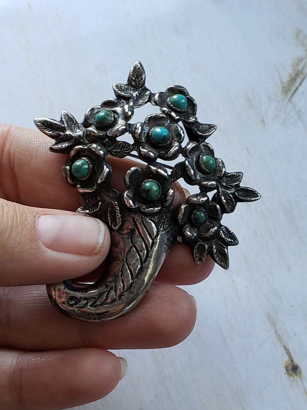 Estate Mexican Silver and Turquoise Brooch, 1930s, 1940s, Estate Silver, Antique Mexican Silver, Flowers, Horn of Plenty, Large Silver Pin