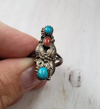 Load image into Gallery viewer, Vintage Navajo Sterling Silver 925 ,Turquoise and Coral Ring, estate silver, vintage silver jewelry, boho, estate silver ring, 1960s