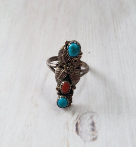 Vintage Navajo Sterling Silver 925 ,Turquoise and Coral Ring, estate silver, vintage silver jewelry, boho, estate silver ring, 1960s