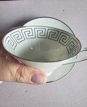 Load image into Gallery viewer, Vintage White and Silver Greek Key 1960s Tea Cup and Saucer, Bavaria, 1960s, Porcelain, QC, Mid Century Cup and Saucer