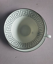 Load image into Gallery viewer, Vintage White and Silver Greek Key 1960s Tea Cup and Saucer, Bavaria, 1960s, Porcelain, QC, Mid Century Cup and Saucer
