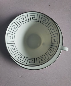 Vintage White and Silver Greek Key 1960s Tea Cup and Saucer, Bavaria, 1960s, Porcelain, QC, Mid Century Cup and Saucer