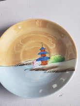 Load image into Gallery viewer, Vintage 1950s 1960s Lustrewear Lusterwear Japanese Tea Cup and Saucer,  Orange, Pale Blue, Pagoda, Cherry Blossoms, Cherry Trees, Japan