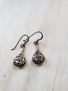 Vintage Sterling Silver 925 drop earrings - handmade silver, estate silver earrings, delicate, openwork, boho, hippie, teardrops