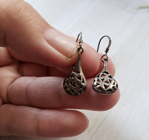 Vintage Sterling Silver 925 drop earrings - handmade silver, estate silver earrings, delicate, openwork, boho, hippie, teardrops