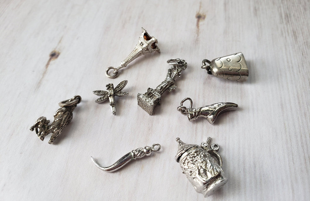 Vintage Sterling Silver Charms - charm bracelet, estate charms, hobby charms, landmark charms, nature charms, travel charms, moving charm