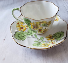 Load image into Gallery viewer, Vintage Geranium Salisbury Fine Bone China 1930s 1940s Yellow Chartreuse Celery Pale Green Floral Tea Cup and Saucer - made in england