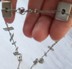 1980s Mexx Silver Tone Long Modern Necklace, Boho, Eclectic Vintage Fashion Jewelry