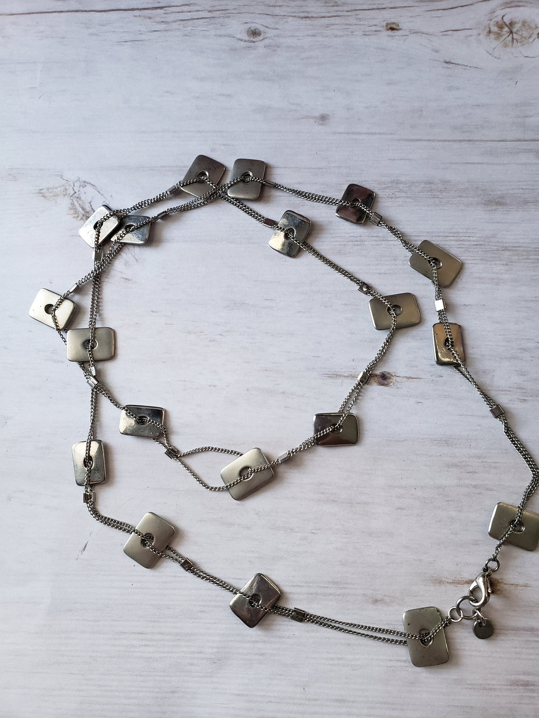 1980s Mexx Silver Tone Long Modern Necklace, Boho, Eclectic Vintage Fashion Jewelry